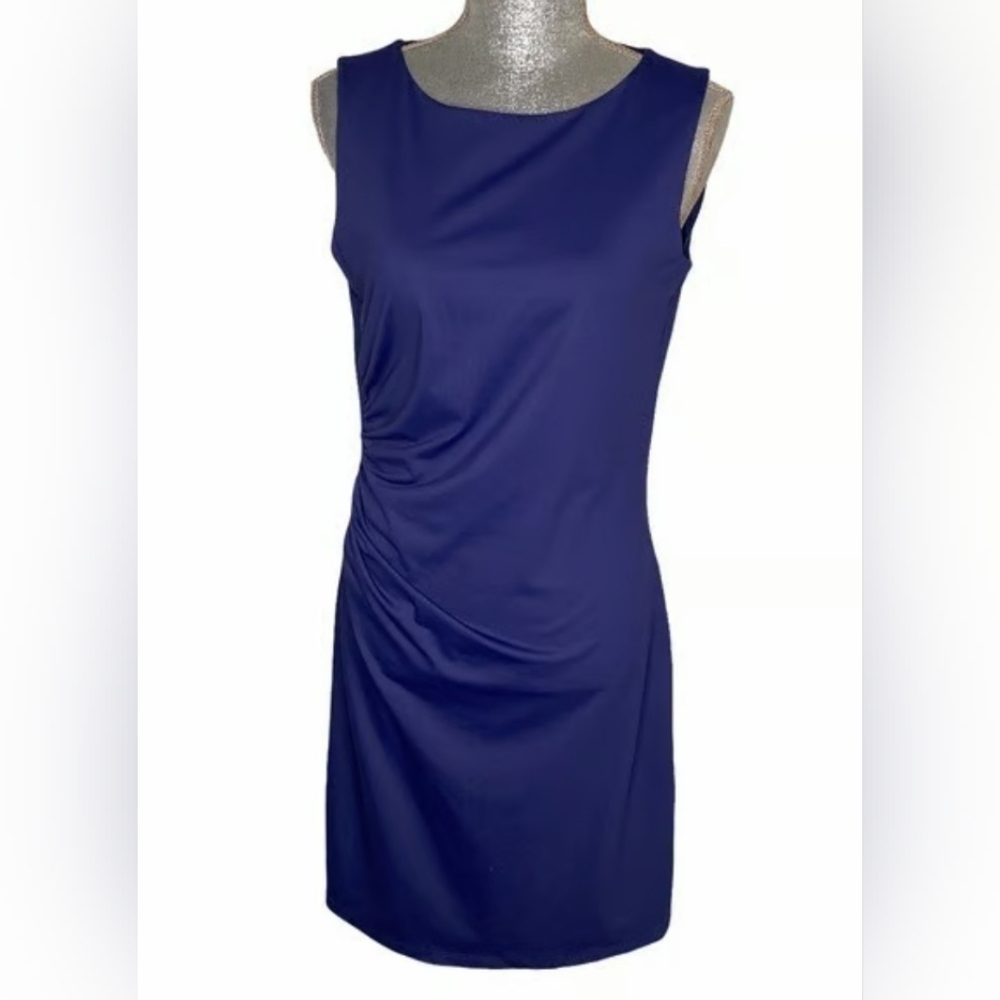 J.McLaughlin Elegant Navy Blue Sleeveless Side Ruched Dress Size Small